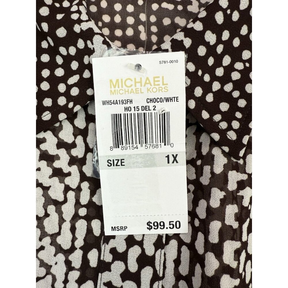 MICHAEL KORS Sheer Blouse Tunic Brown/White Roll-Tab Sleeve Button‎ Down NWT 1X - Picture 6 of 9